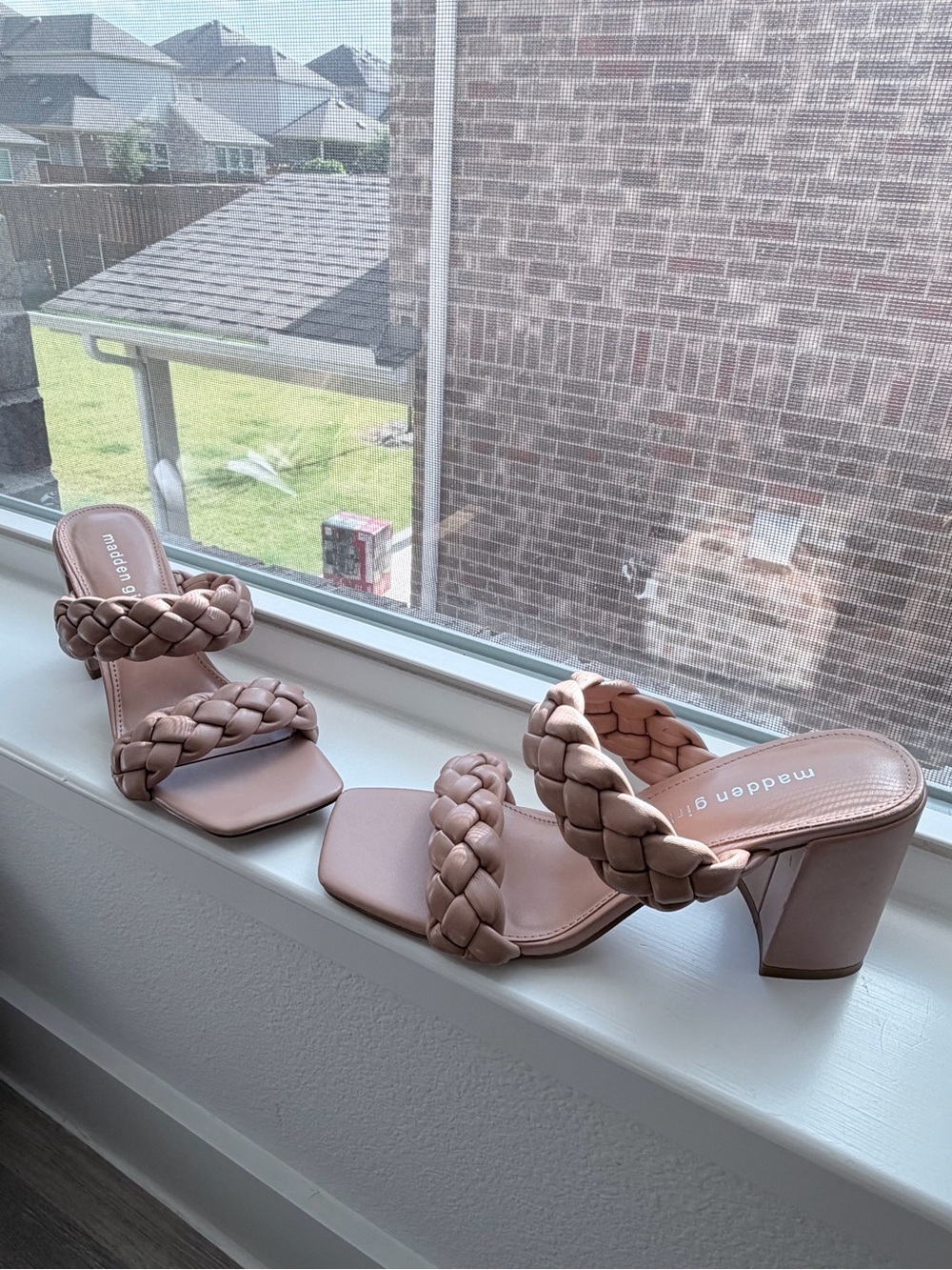 Madden Girl Braided Double-Strap Block Heel Mules in Blush